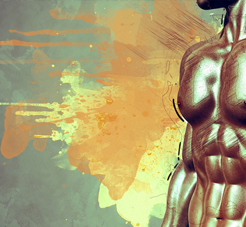 The stylised muscular torso of a man against a colourful abstract background.