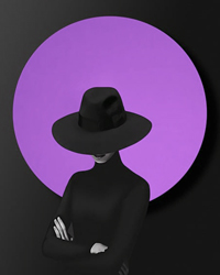 An illustration of a person wearing black with a hat tilted down to conceal most of their face, smirking. They stand in front of a purple circle in front of a black background.